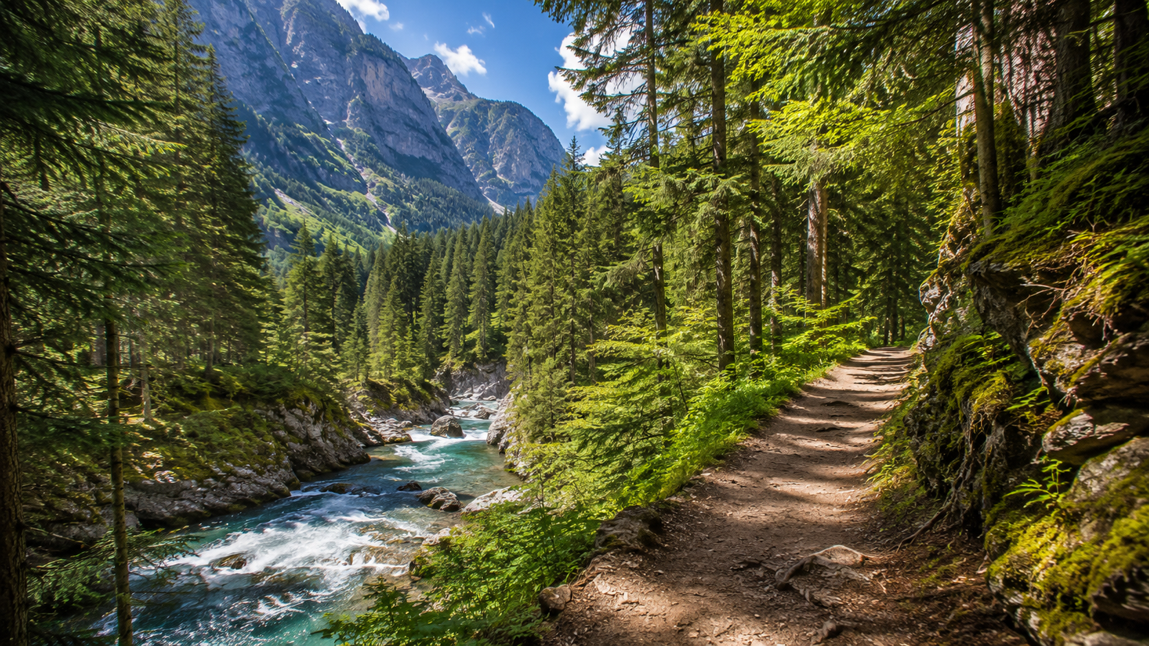 Forest trail beside a turquoise mountain stream with evergreen trees and steep peaks on the Avalanche Lake route in Glacier National Park.